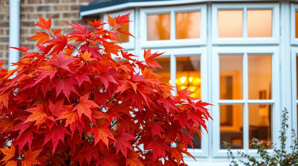 Bright red Japanese maple leaves against white uPVC windows with warm interior lighting.
