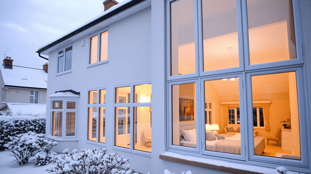 A White house with large UPVC windows illuminated from within, set against snowy winter landscape.