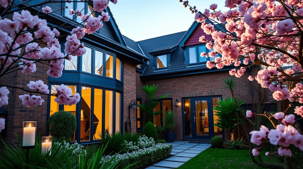 Modern brick home with large dark-framed windows, illuminated at dusk with cherry blossoms in bloom.